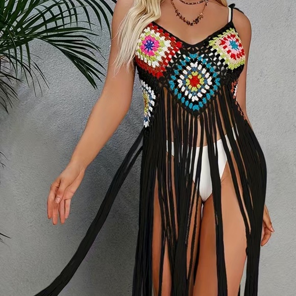 NWT 🏖️ BLACK CROCHETED FRINGED SWIM COVER-UP COLOR BLOCK BEACH DRESS One Size - Picture 4 of 10